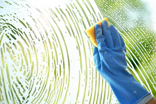 Technician performing commercial carpet cleaning in a hallway